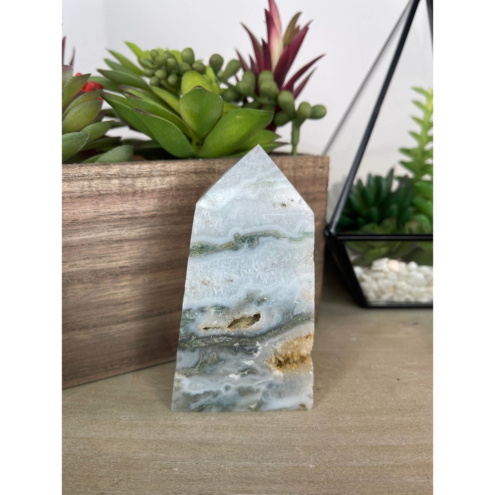 Moss Agate Druzy Tower Polished Stone Crystal